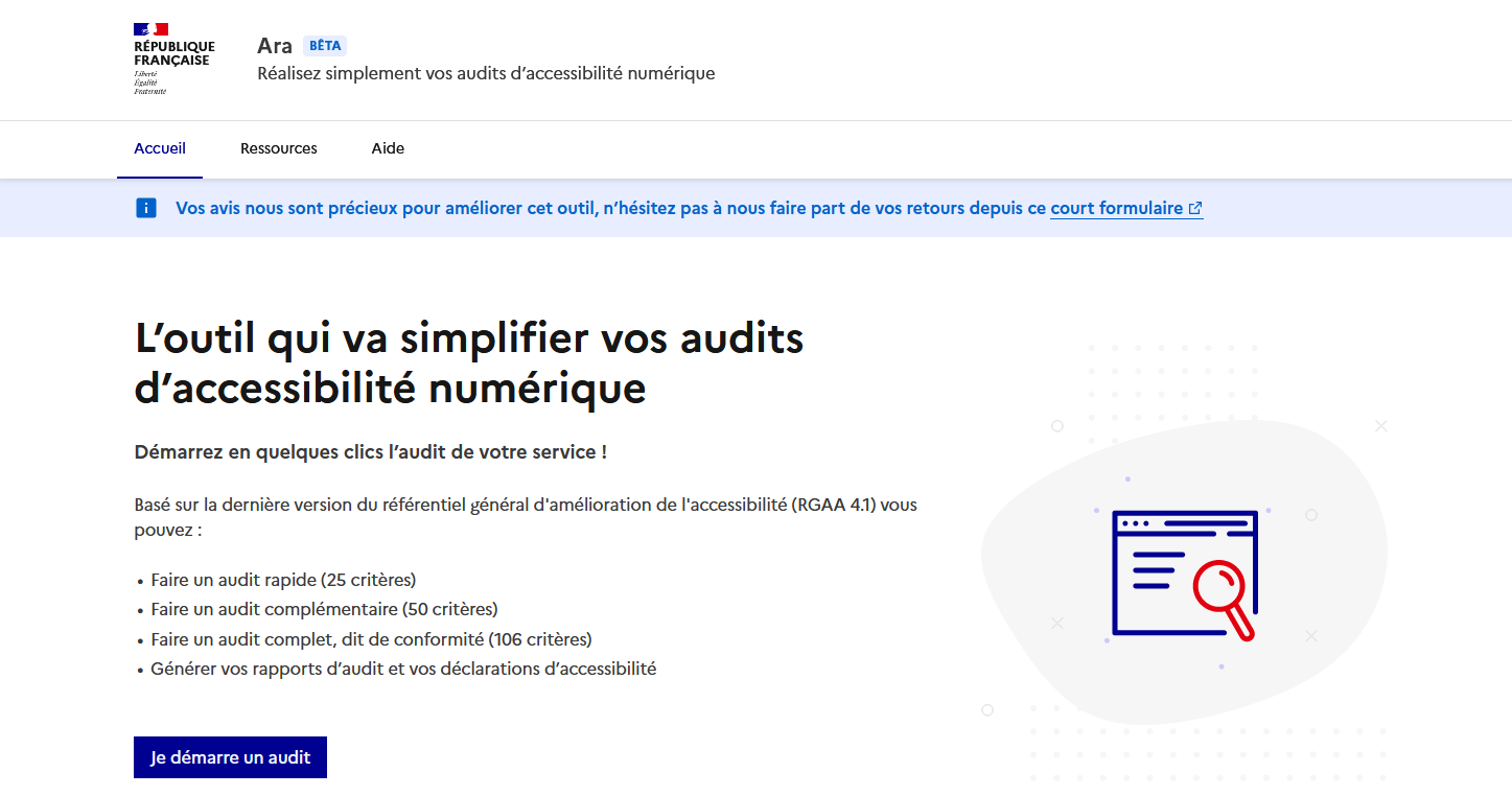 Capture d'écran de la page d'accueil de ara.numerique.gouv.fr